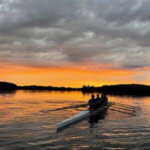 Space Whale rowing at sunset, Litchfield Hills Rowing Club